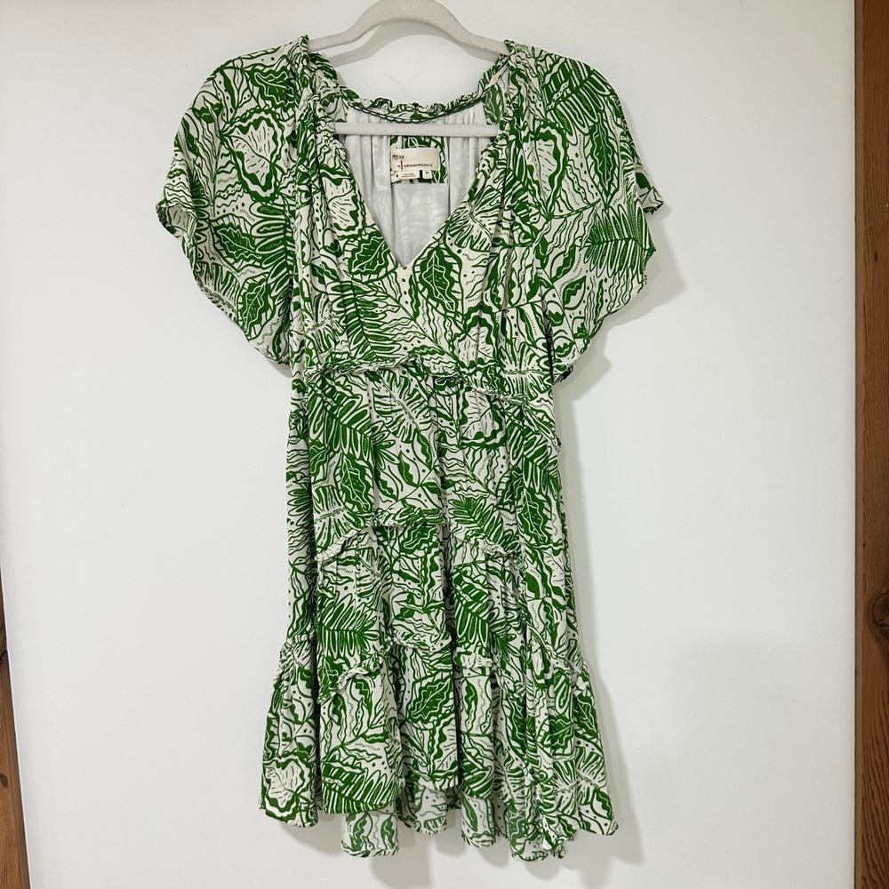 Anthropologie Green White Tropical Leaf Tiered Mini Dress Womens SP Boho Coastal